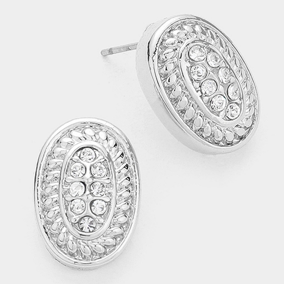 Silver Oval Paved Stone Stud Earrings 0.6" Post Simple Jewelry - Picture 2 of 2